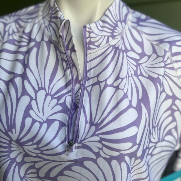 Coolibar Lawai Ruche Purple and White Floral Sun Protection Top - Picture 6 of 8